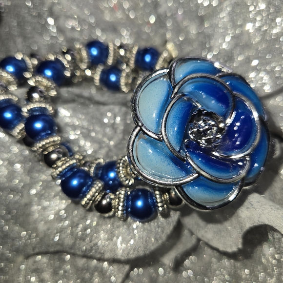 Fashion Jewelry I Rose Double Bracelet I Faux Blue Pearl I Expandable - Picture 3 of 6
